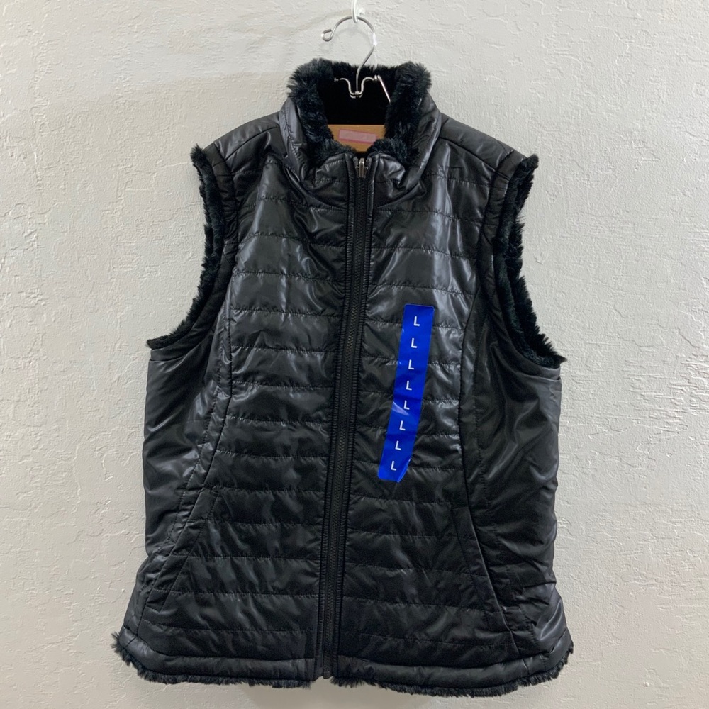 Black Nylon Faux Fur Lined  Zip Front Vest Women L